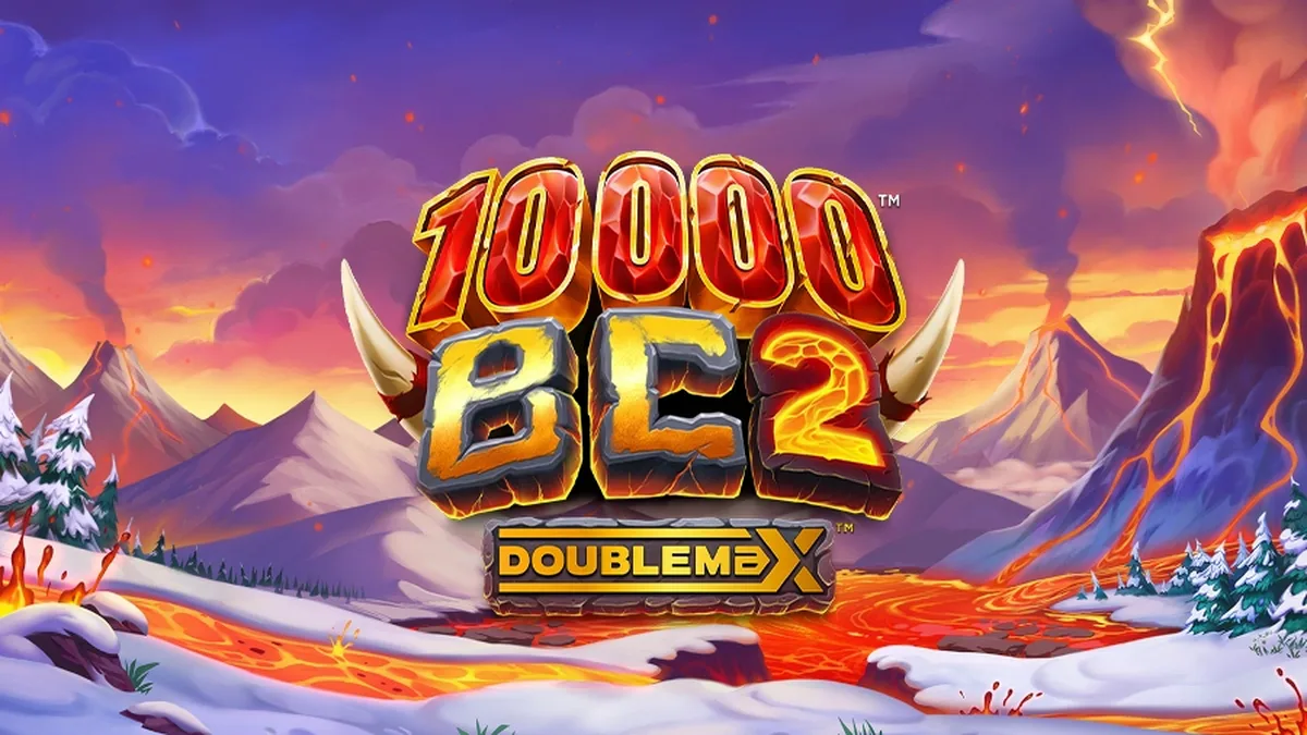 Cenário pré-histórico com vulcão e mamute no slot 10000 BC DoubleMax 2