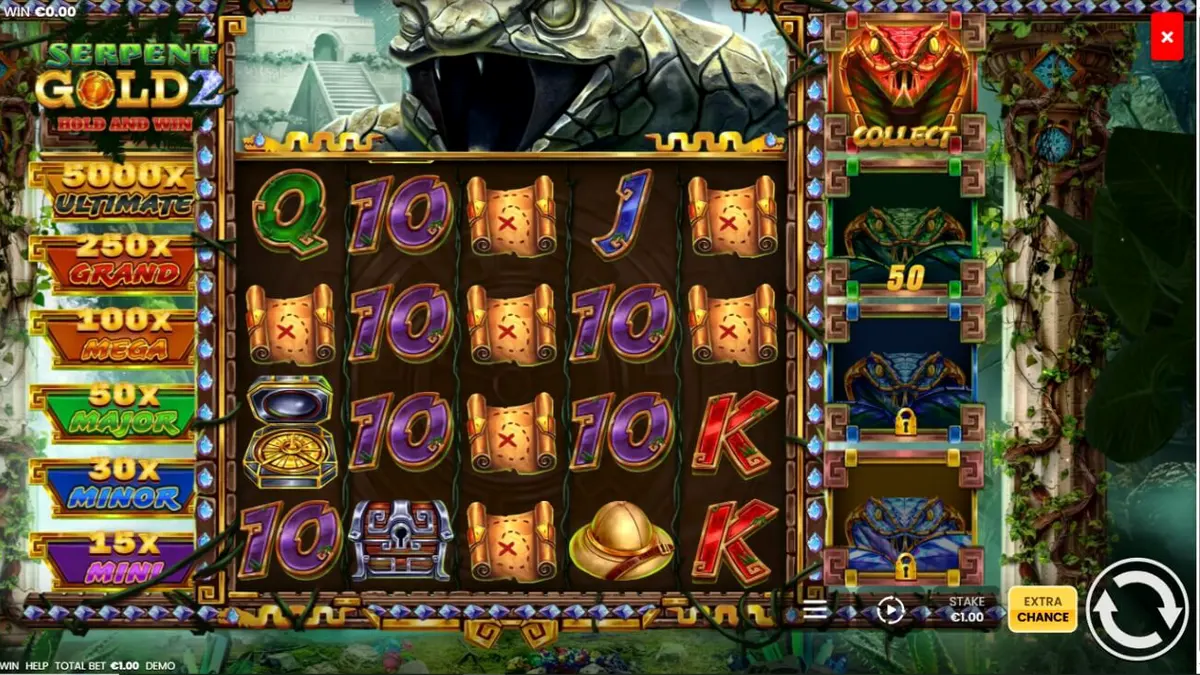 Tela principal do jogo Serpent Gold 2: Hold and Win com temática de selva