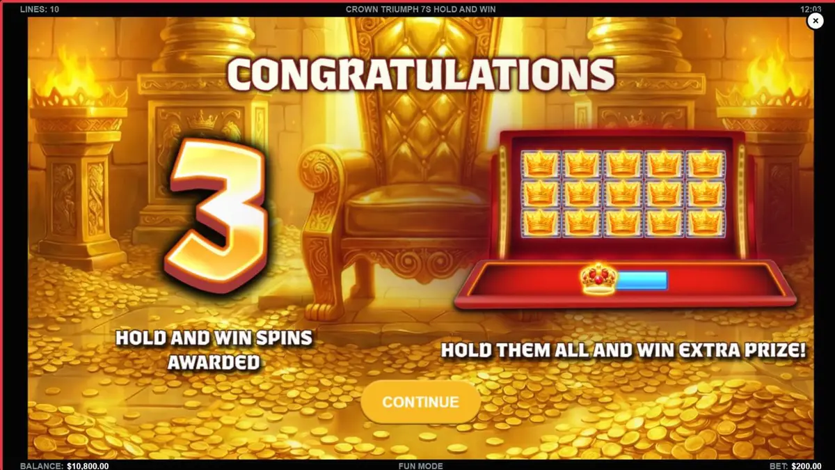 Interface do slot Crown Triumph 7s Hold and Win com símbolos clássicos e elementos reais